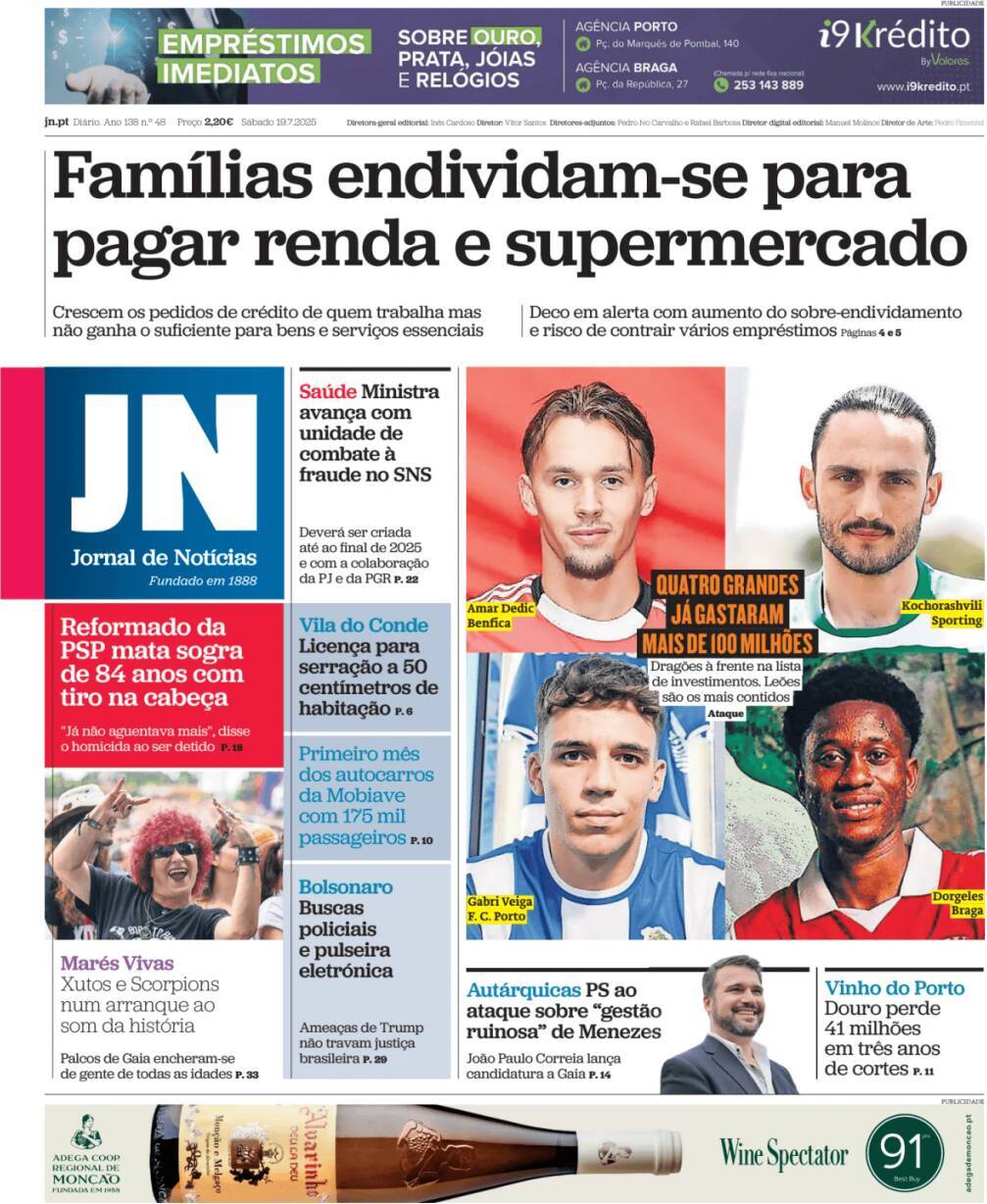 Jornal de Not&iacute;cias: Capa da Edi&ccedil;&atilde;o de s&aacute;bado, 19 de julho 2025