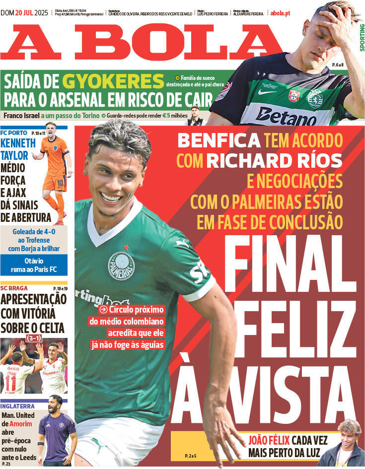 A Bola: Capa da Edi&ccedil;&atilde;o de domingo, 20 de julho 2025