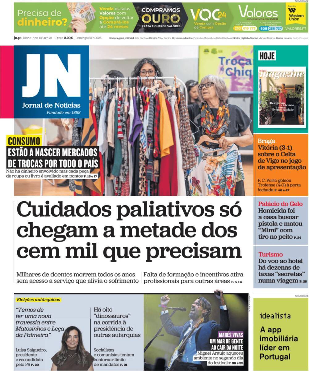 Jornal de Not&iacute;cias: Capa da Edi&ccedil;&atilde;o de domingo, 20 de julho 2025