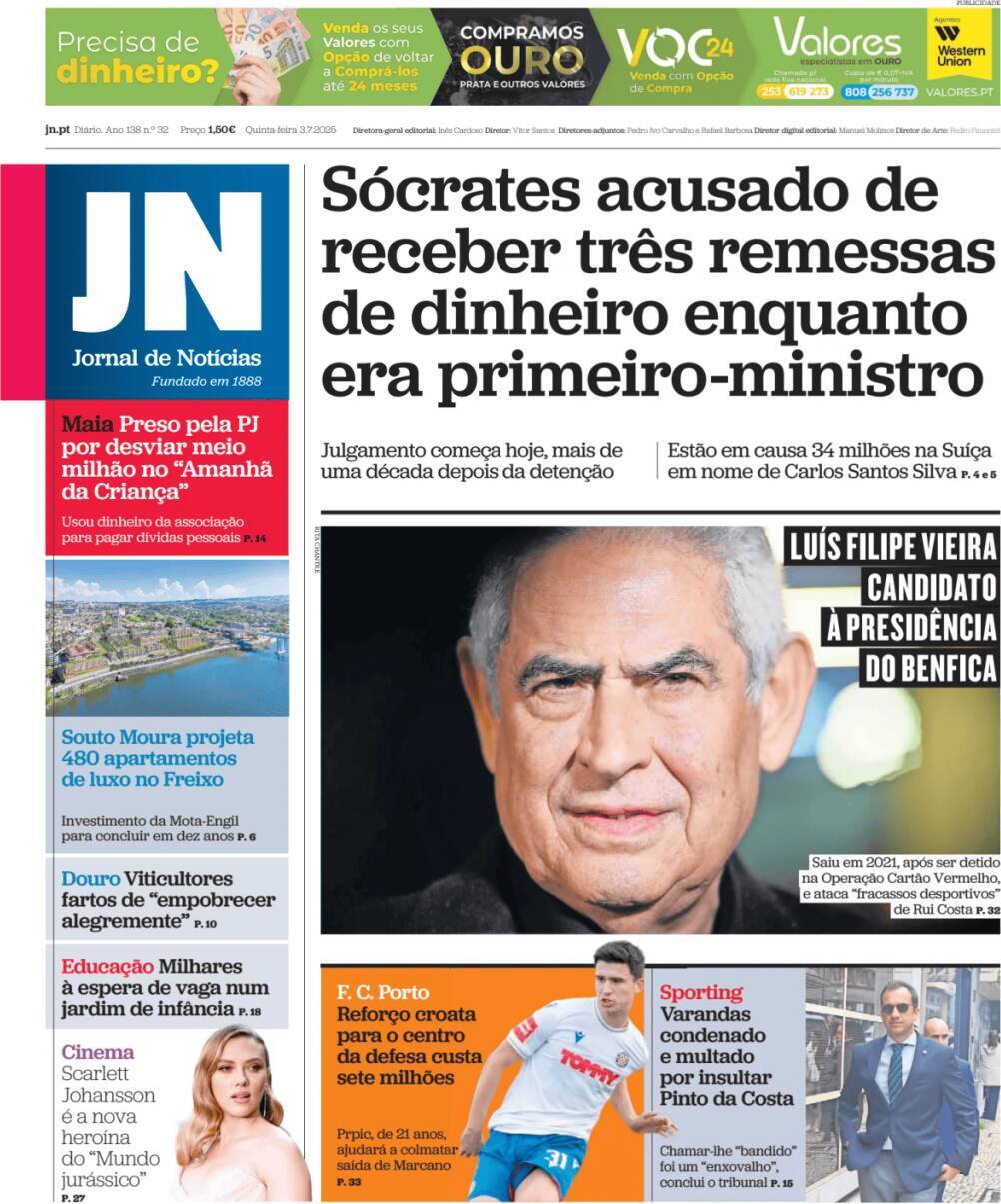 Jornal de Not&iacute;cias: Capa da Edi&ccedil;&atilde;o de quinta-feira, 03 de julho 2025