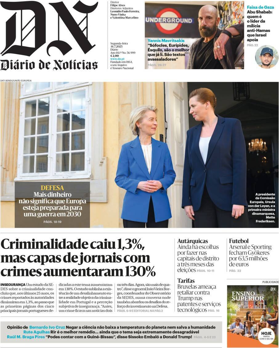 Di&aacute;rio de Not&iacute;cias: Capa da Edi&ccedil;&atilde;o de segunda-feira, 21 de julho 2025