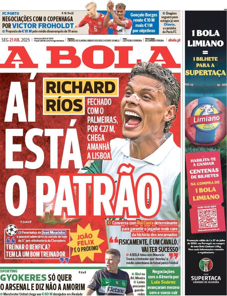 A Bola: Capa da Edi&ccedil;&atilde;o de segunda-feira, 21 de julho 2025