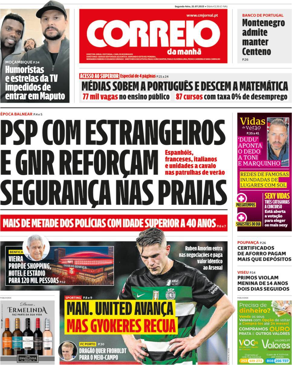 Correio da Manh&atilde;: Capa da Edi&ccedil;&atilde;o de segunda-feira, 21 de julho 2025