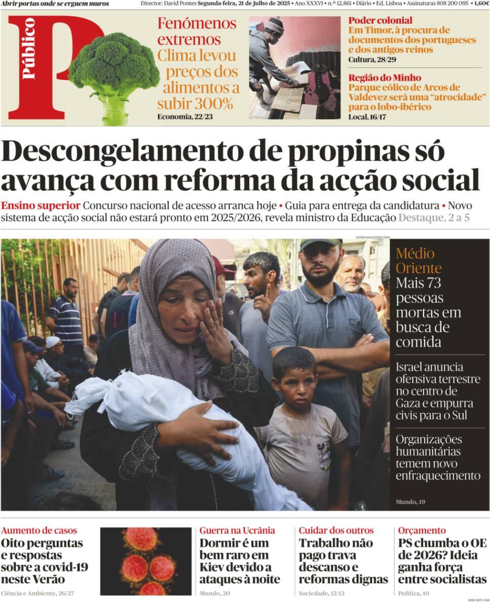 P&uacute;blico: Capa da Edi&ccedil;&atilde;o de segunda-feira, 21 de julho 2025