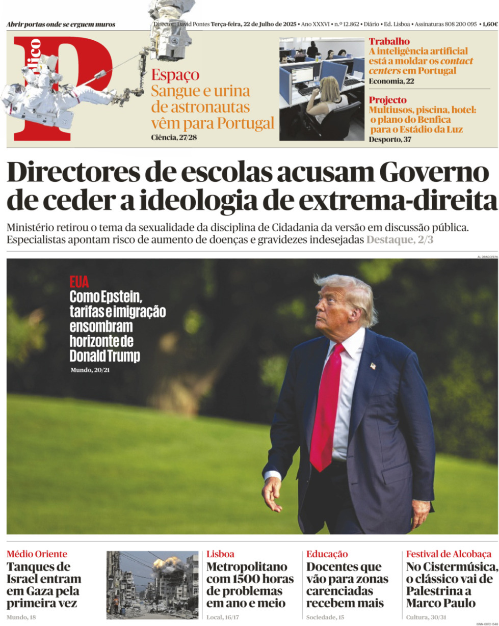 P&uacute;blico: Capa da Edi&ccedil;&atilde;o de ter&ccedil;a-feira, 22 de julho 2025