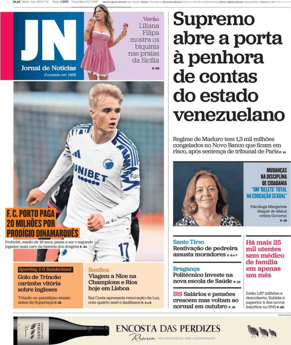 Jornal de Not&iacute;cias: Capa da Edi&ccedil;&atilde;o de ter&ccedil;a-feira, 22 de julho 2025