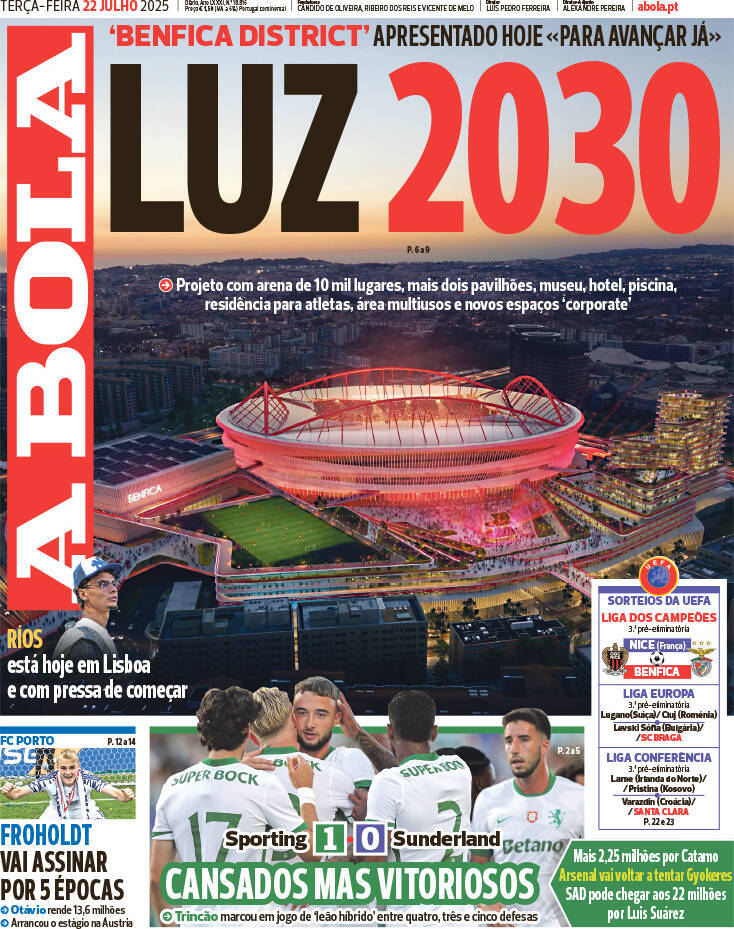 A Bola: Capa da Edi&ccedil;&atilde;o de ter&ccedil;a-feira, 22 de julho 2025