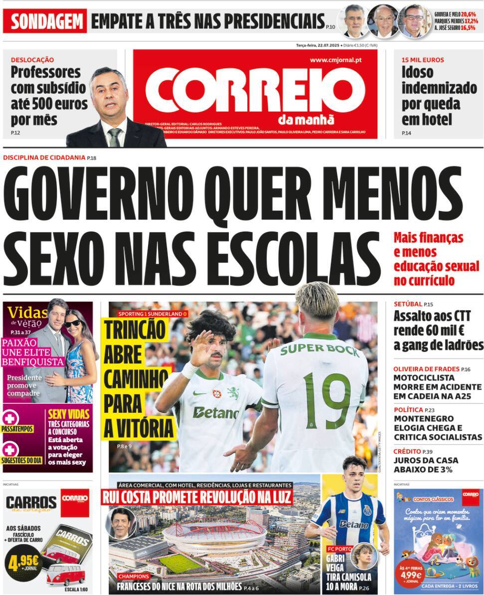 Correio da Manh&atilde;: Capa da Edi&ccedil;&atilde;o de ter&ccedil;a-feira, 22 de julho 2025