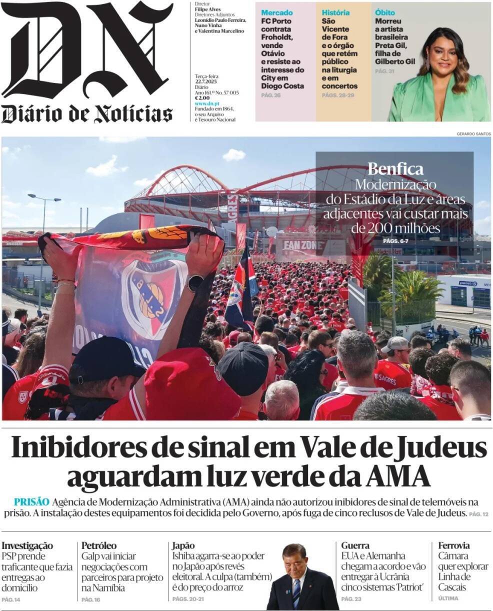 Di&aacute;rio de Not&iacute;cias: Capa da Edi&ccedil;&atilde;o de ter&ccedil;a-feira, 22 de julho 2025