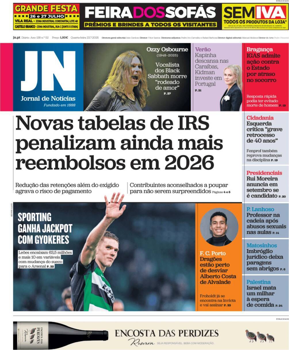 Jornal de Not&iacute;cias: Capa da Edi&ccedil;&atilde;o de quarta-feira, 23 de julho 2025