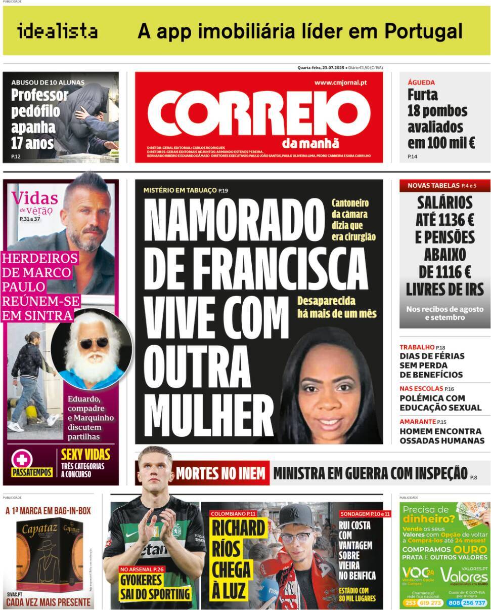 Correio da Manh&atilde;: Capa da Edi&ccedil;&atilde;o de quarta-feira, 23 de julho 2025