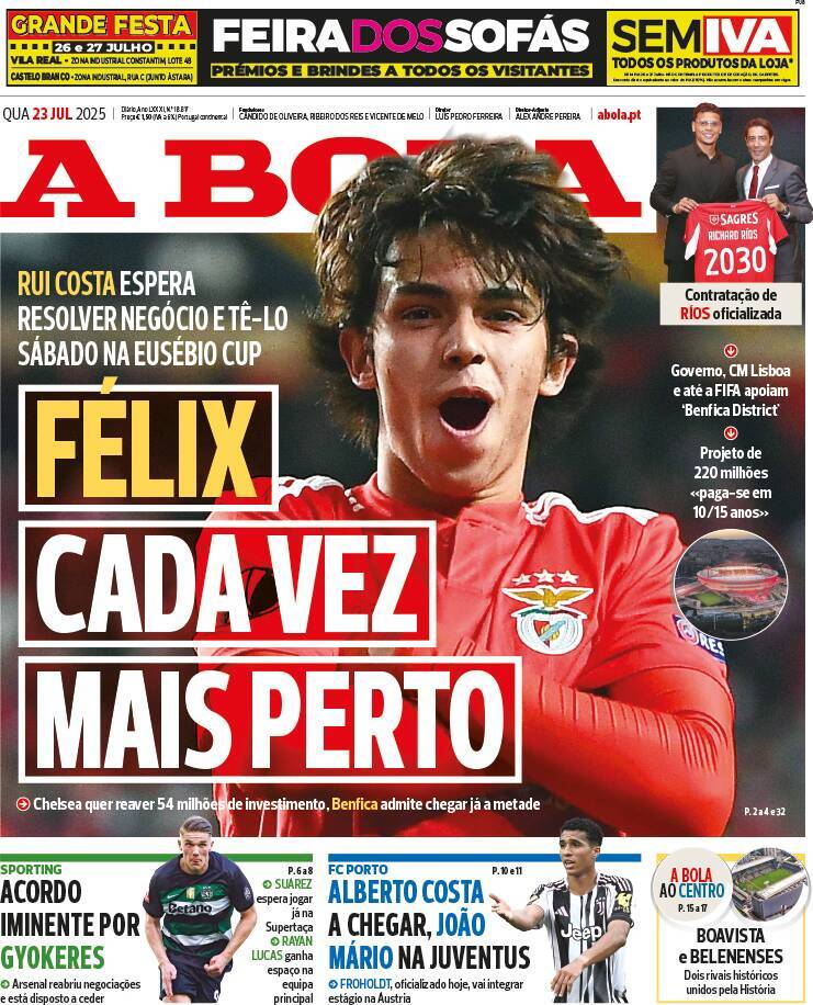 A Bola: Capa da Edi&ccedil;&atilde;o de quarta-feira, 23 de julho 2025