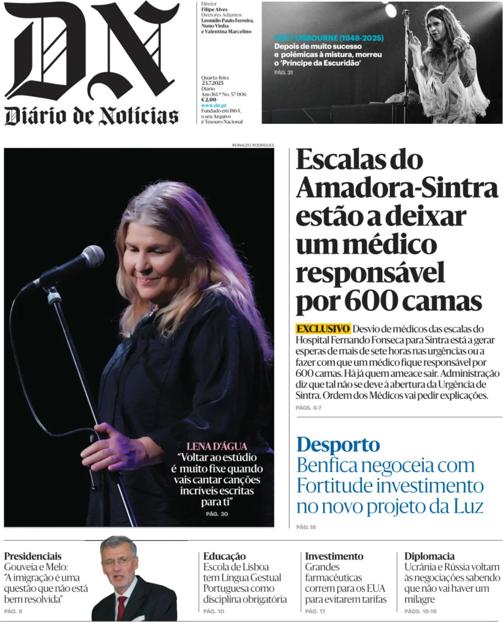 Di&aacute;rio de Not&iacute;cias: Capa da Edi&ccedil;&atilde;o de quarta-feira, 23 de julho 2025