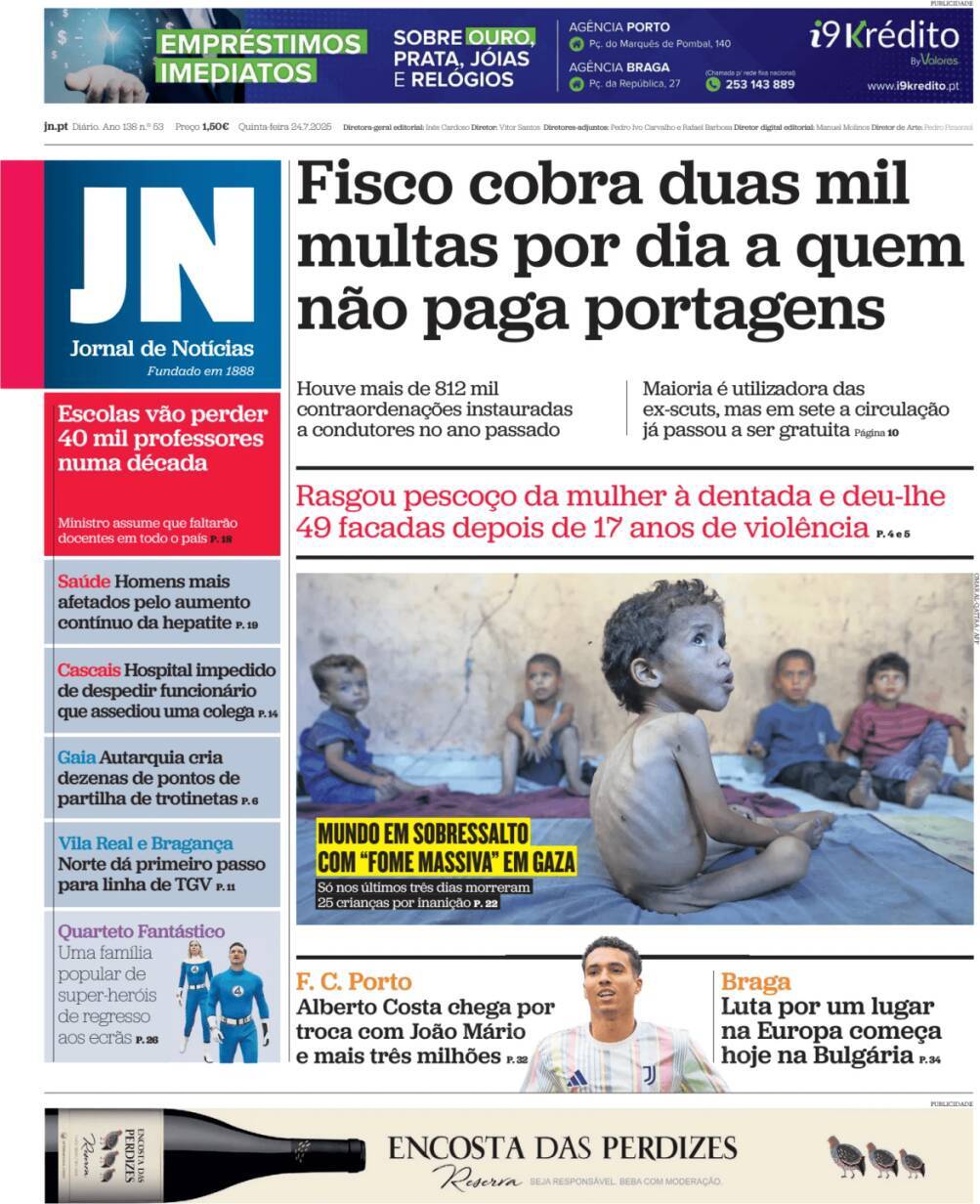 Jornal de Not&iacute;cias: Capa da Edi&ccedil;&atilde;o de quinta-feira, 24 de julho 2025