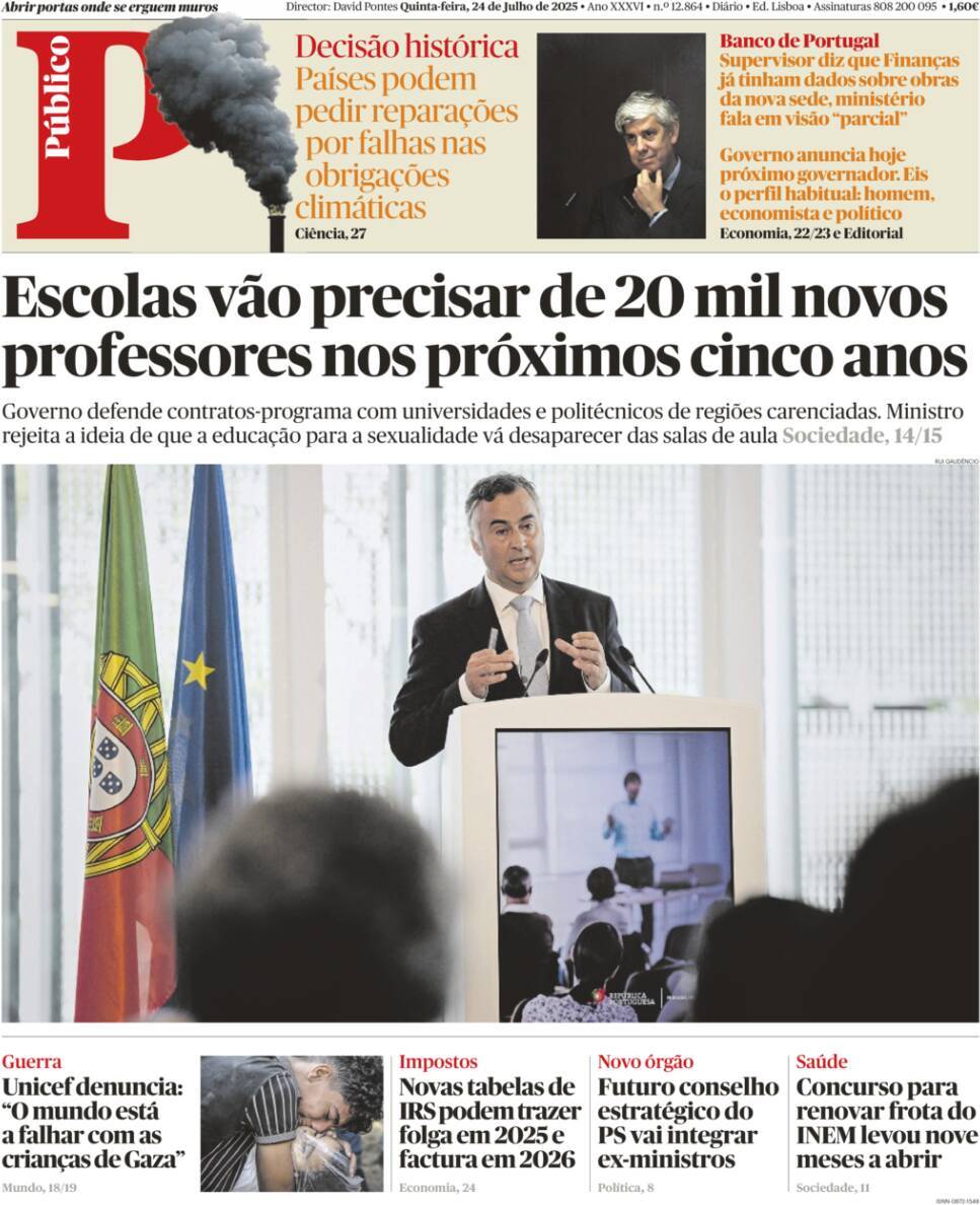 P&uacute;blico: Capa da Edi&ccedil;&atilde;o de quinta-feira, 24 de julho 2025