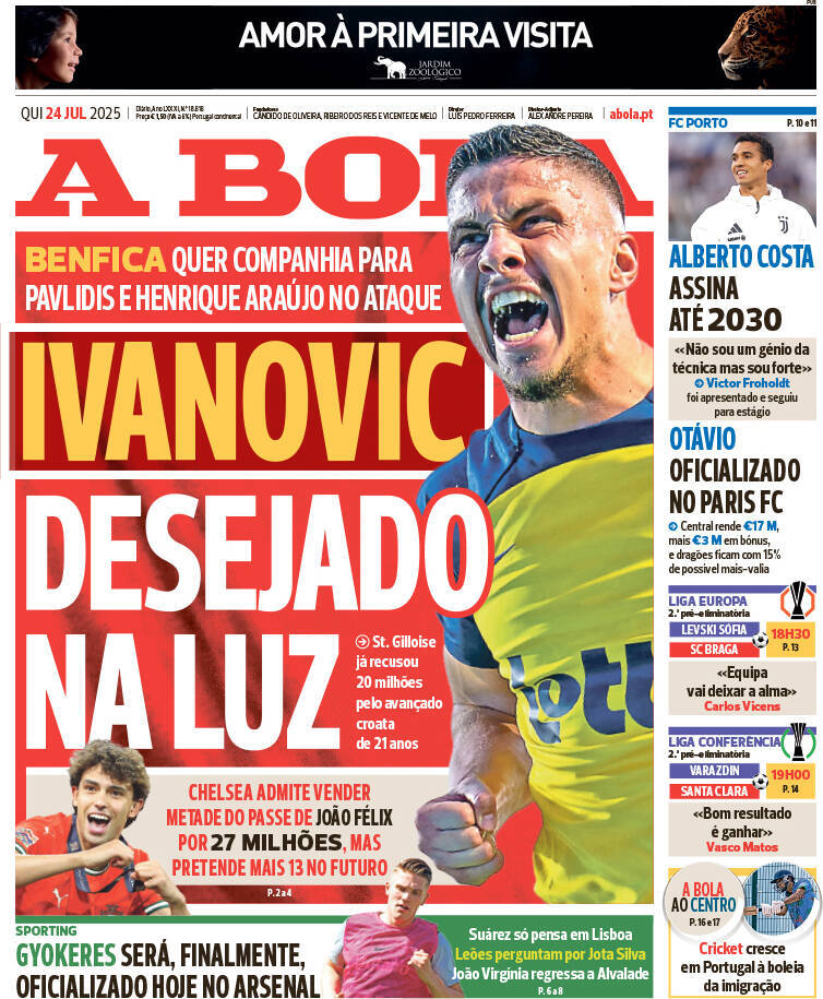 A Bola: Capa da Edi&ccedil;&atilde;o de quinta-feira, 24 de julho 2025