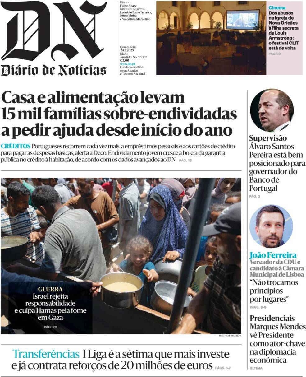 Di&aacute;rio de Not&iacute;cias: Capa da Edi&ccedil;&atilde;o de quinta-feira, 24 de julho 2025