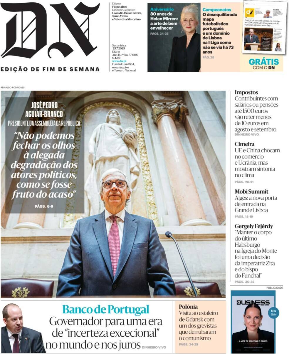 Di&aacute;rio de Not&iacute;cias: Capa da Edi&ccedil;&atilde;o de sexta-feira, 25 de julho 2025