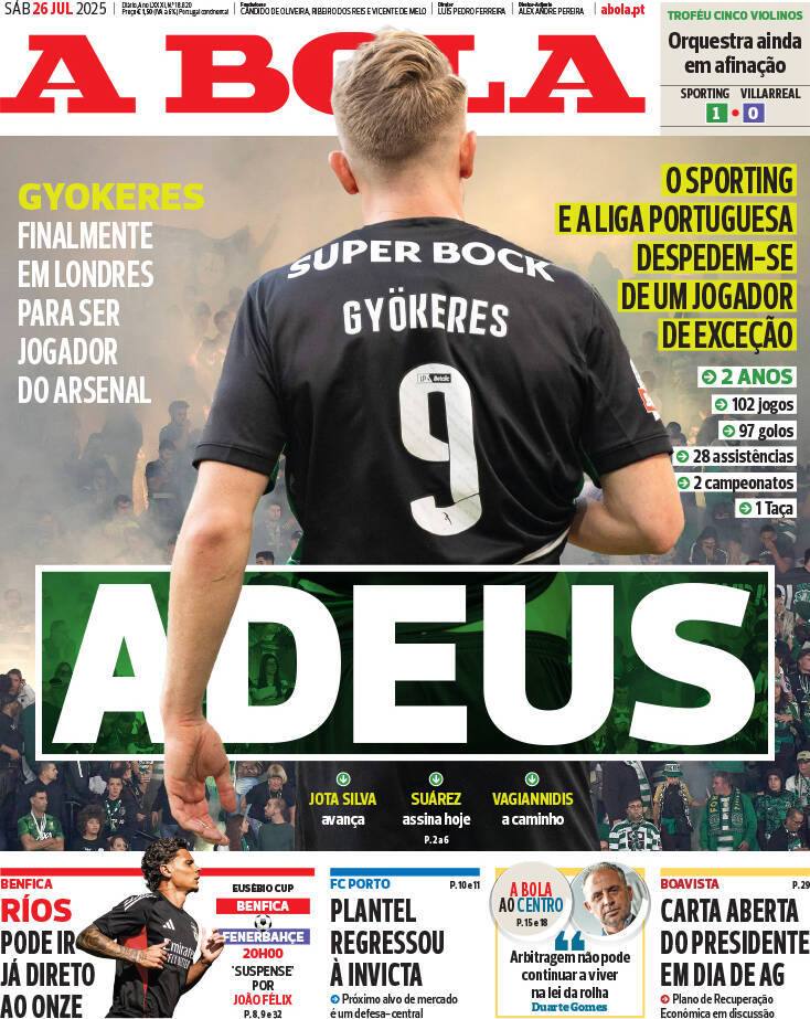 A Bola: Capa da Edi&ccedil;&atilde;o de s&aacute;bado, 26 de julho 2025