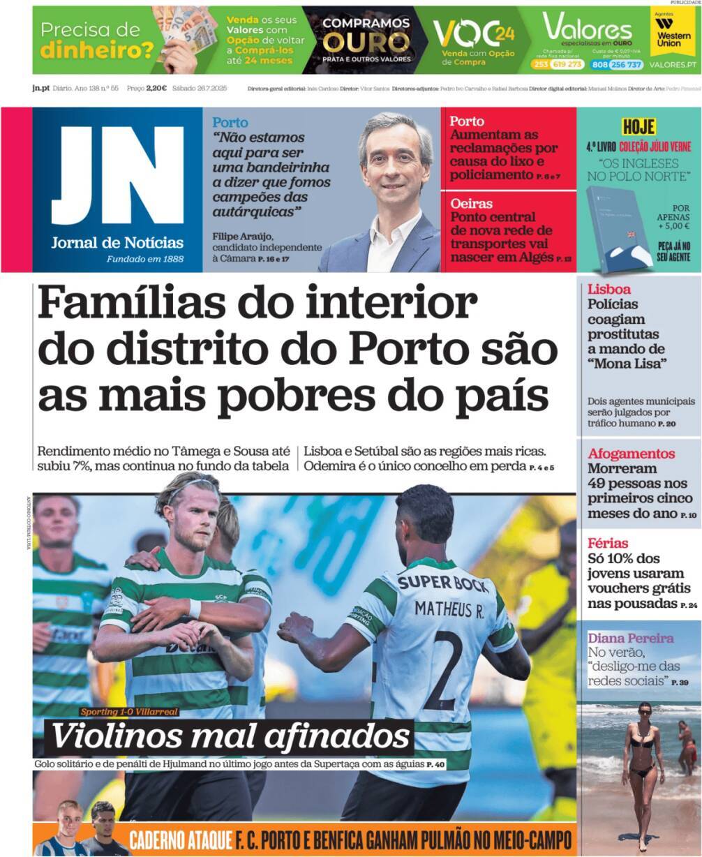 Jornal de Not&iacute;cias: Capa da Edi&ccedil;&atilde;o de s&aacute;bado, 26 de julho 2025
