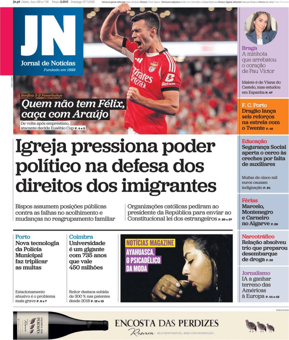 Jornal de Not&iacute;cias: Capa da Edi&ccedil;&atilde;o de domingo, 27 de julho 2025