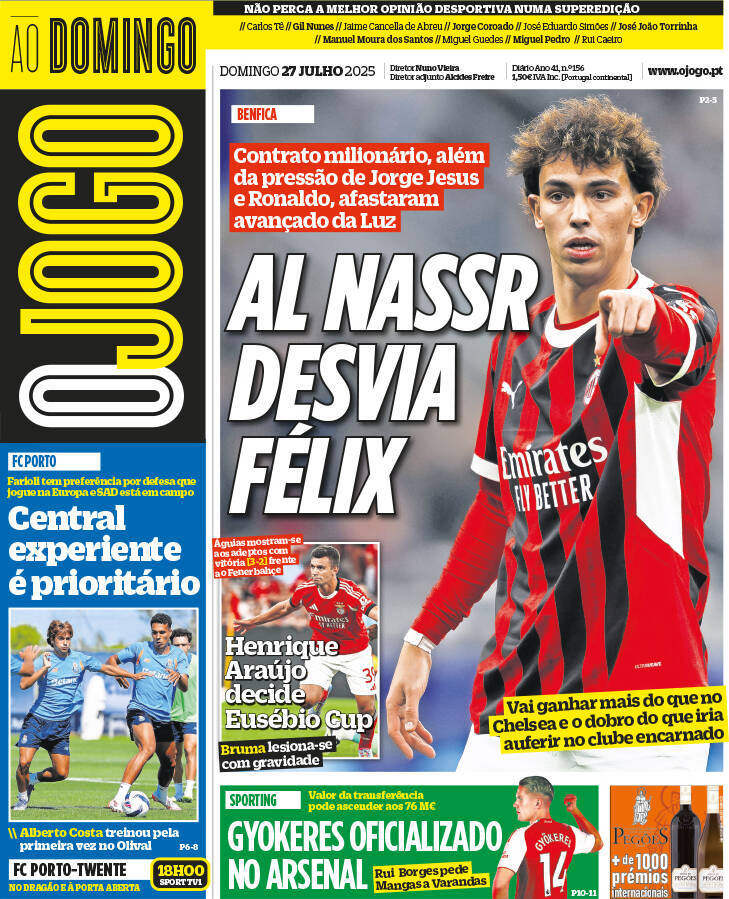 O Jogo: Capa da Edi&ccedil;&atilde;o de domingo, 27 de julho 2025