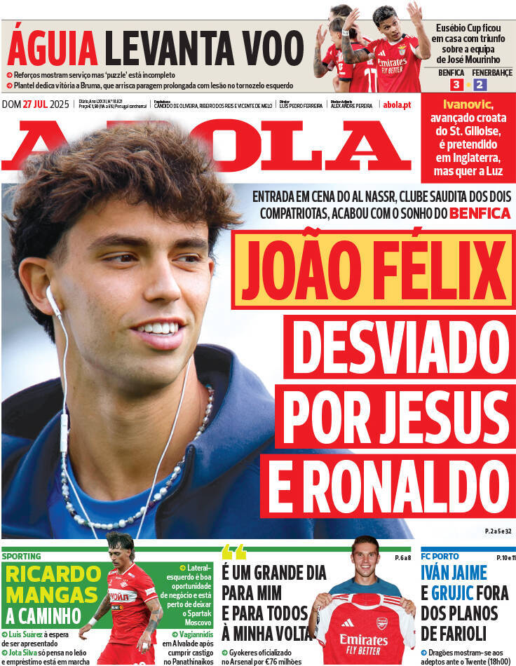 A Bola: Capa da Edi&ccedil;&atilde;o de domingo, 27 de julho 2025