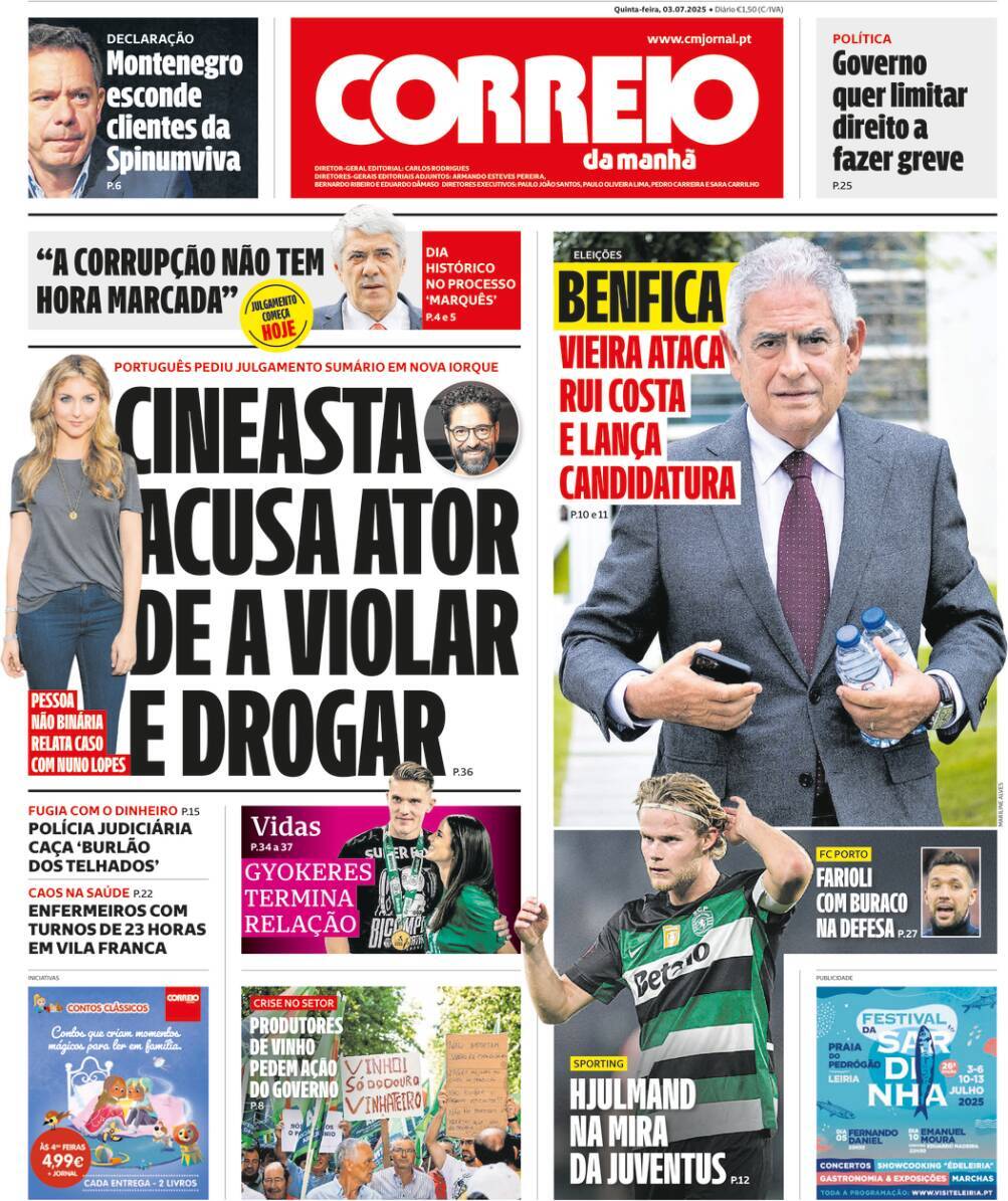 Correio da Manh&atilde;: Capa da Edi&ccedil;&atilde;o de quinta-feira, 03 de julho 2025