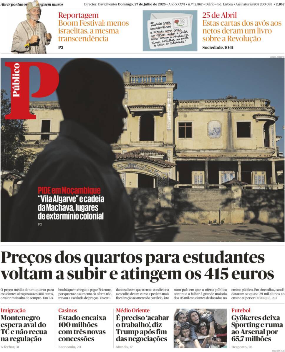P&uacute;blico: Capa da Edi&ccedil;&atilde;o de domingo, 27 de julho 2025