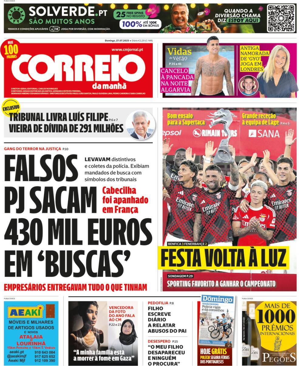 Correio da Manh&atilde;: Capa da Edi&ccedil;&atilde;o de domingo, 27 de julho 2025