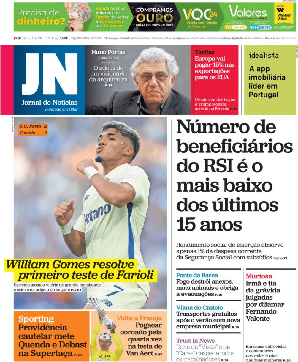 P&uacute;blico: Capa da Edi&ccedil;&atilde;o de segunda-feira, 28 de julho 2025