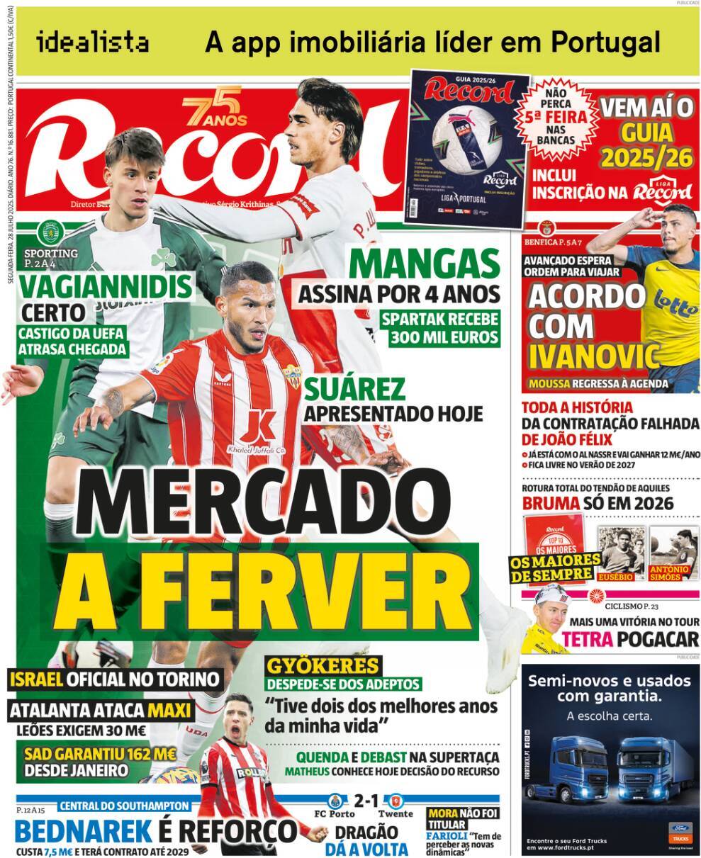 Record: Capa da Edi&ccedil;&atilde;o de segunda-feira, 28 de julho 2025