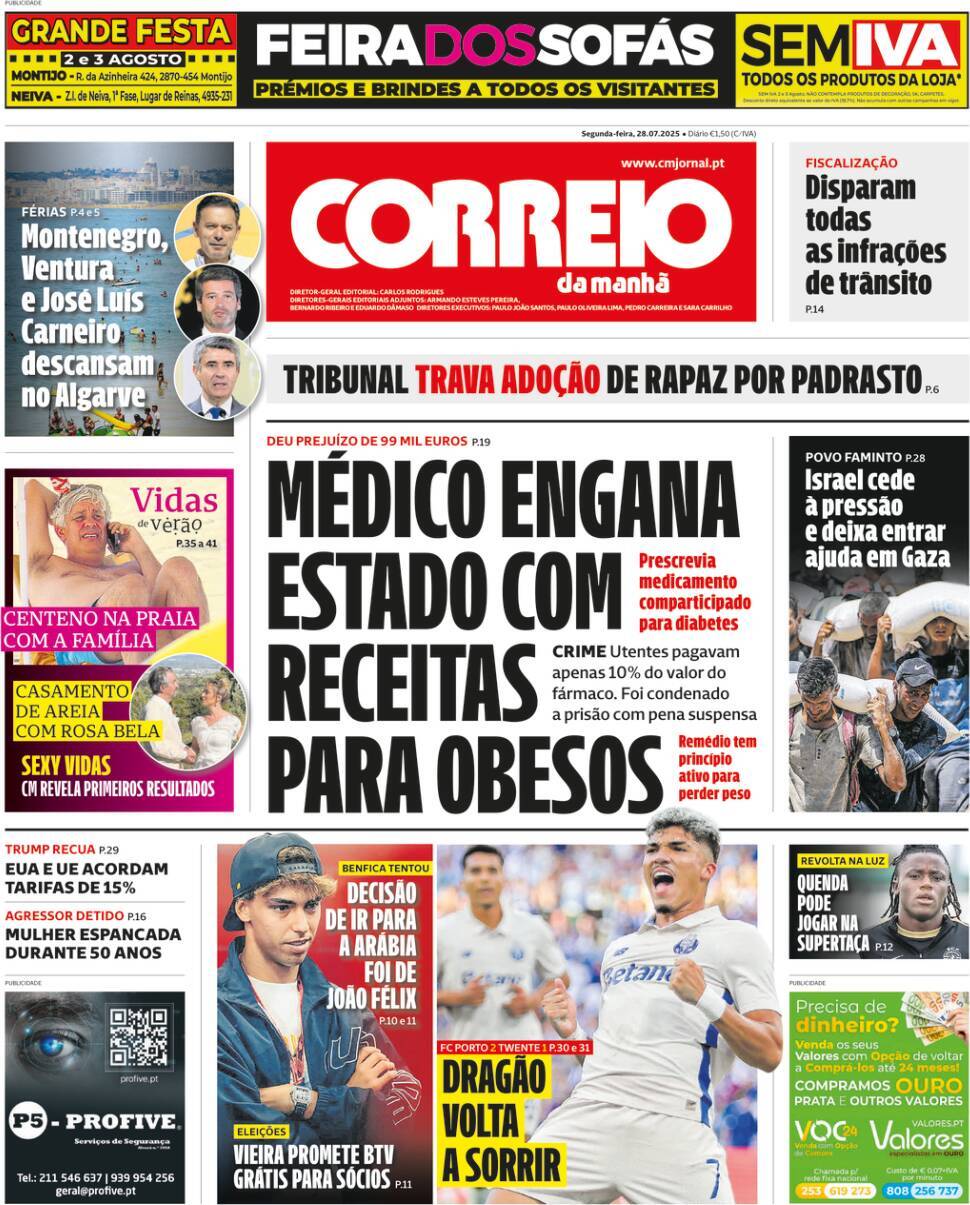 Correio da Manh&atilde;: Capa da Edi&ccedil;&atilde;o de segunda-feira, 28 de julho 2025