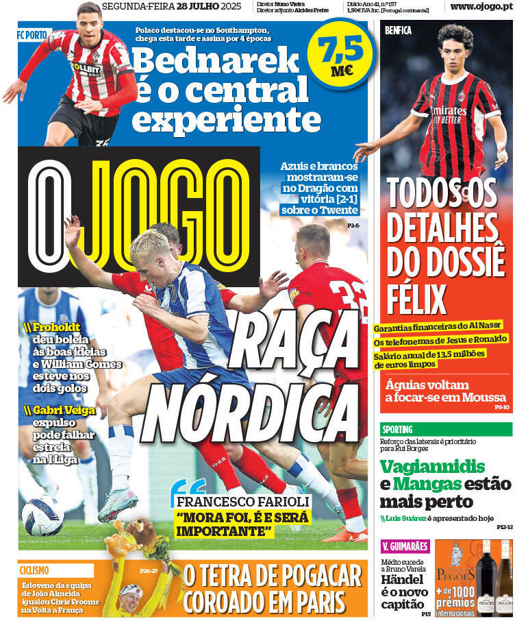 O Jogo: Capa da Edi&ccedil;&atilde;o de segunda-feira, 28 de julho 2025