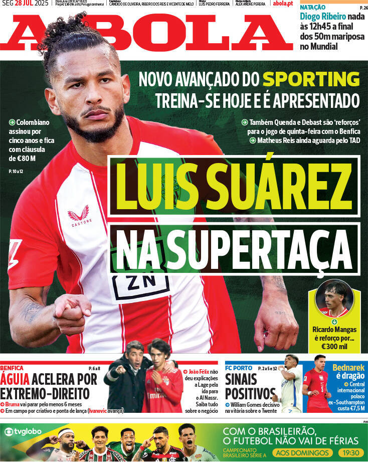 A Bola: Capa da Edi&ccedil;&atilde;o de segunda-feira, 28 de julho 2025