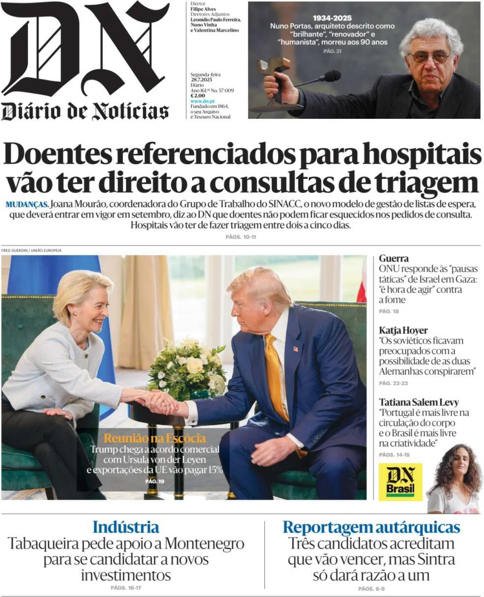 Di&aacute;rio de Not&iacute;cias: Capa da Edi&ccedil;&atilde;o de segunda-feira, 28 de julho 2025