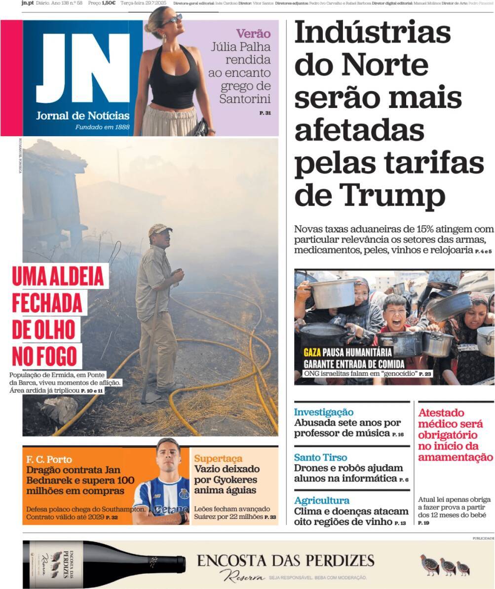Jornal de Not&iacute;cias: Capa da Edi&ccedil;&atilde;o de ter&ccedil;a-feira, 29 de julho 2025