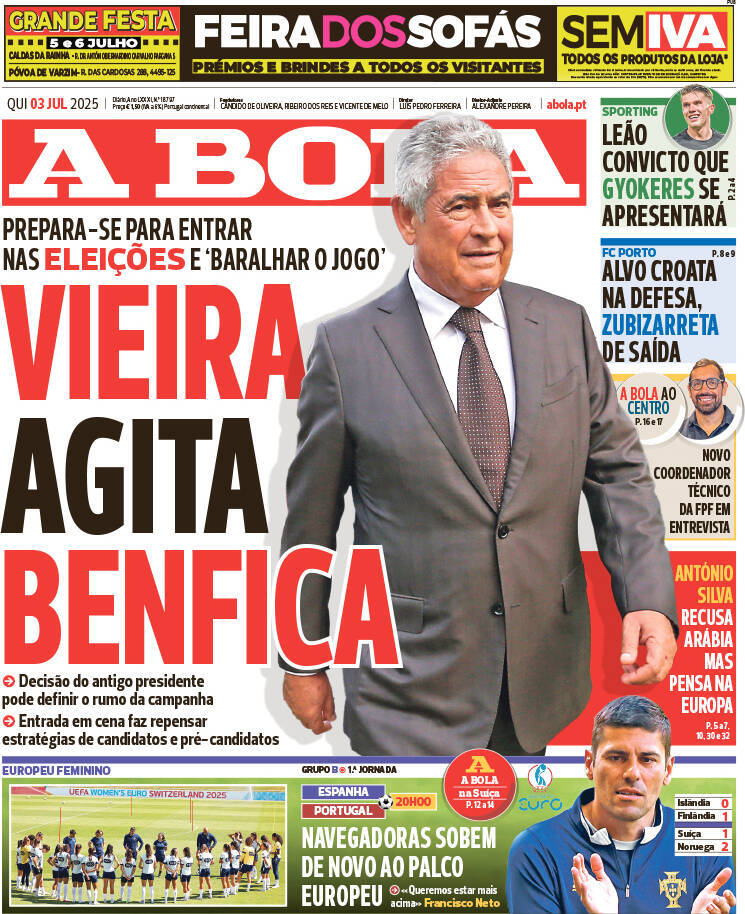 A Bola: Capa da Edi&ccedil;&atilde;o de quinta-feira, 03 de julho 2025
