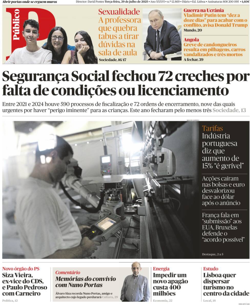 P&uacute;blico: Capa da Edi&ccedil;&atilde;o de ter&ccedil;a-feira, 29 de julho 2025