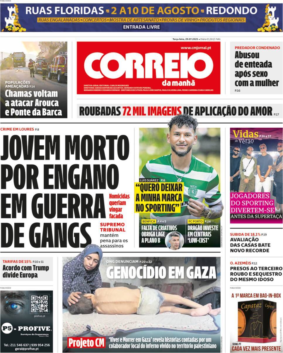 Correio da Manh&atilde;: Capa da Edi&ccedil;&atilde;o de ter&ccedil;a-feira, 29 de julho 2025