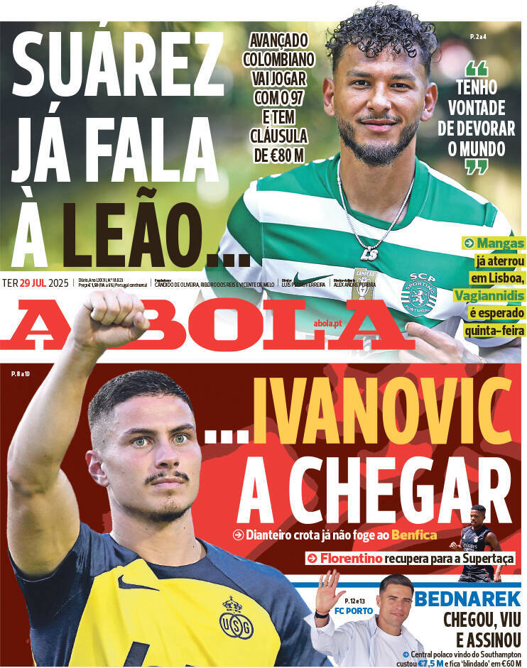 A Bola: Capa da Edi&ccedil;&atilde;o de ter&ccedil;a-feira, 29 de julho 2025