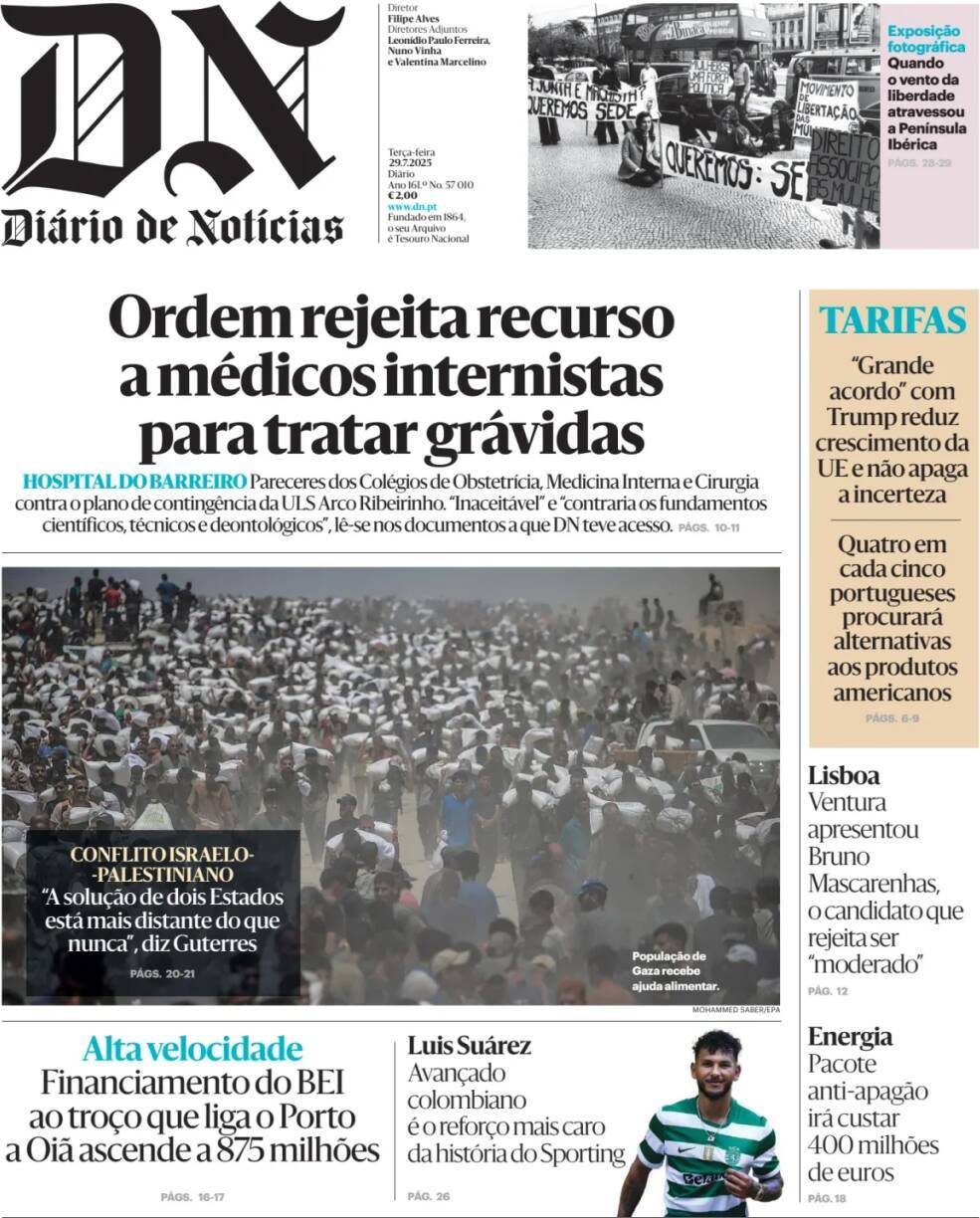 Di&aacute;rio de Not&iacute;cias: Capa da Edi&ccedil;&atilde;o de ter&ccedil;a-feira, 29 de julho 2025
