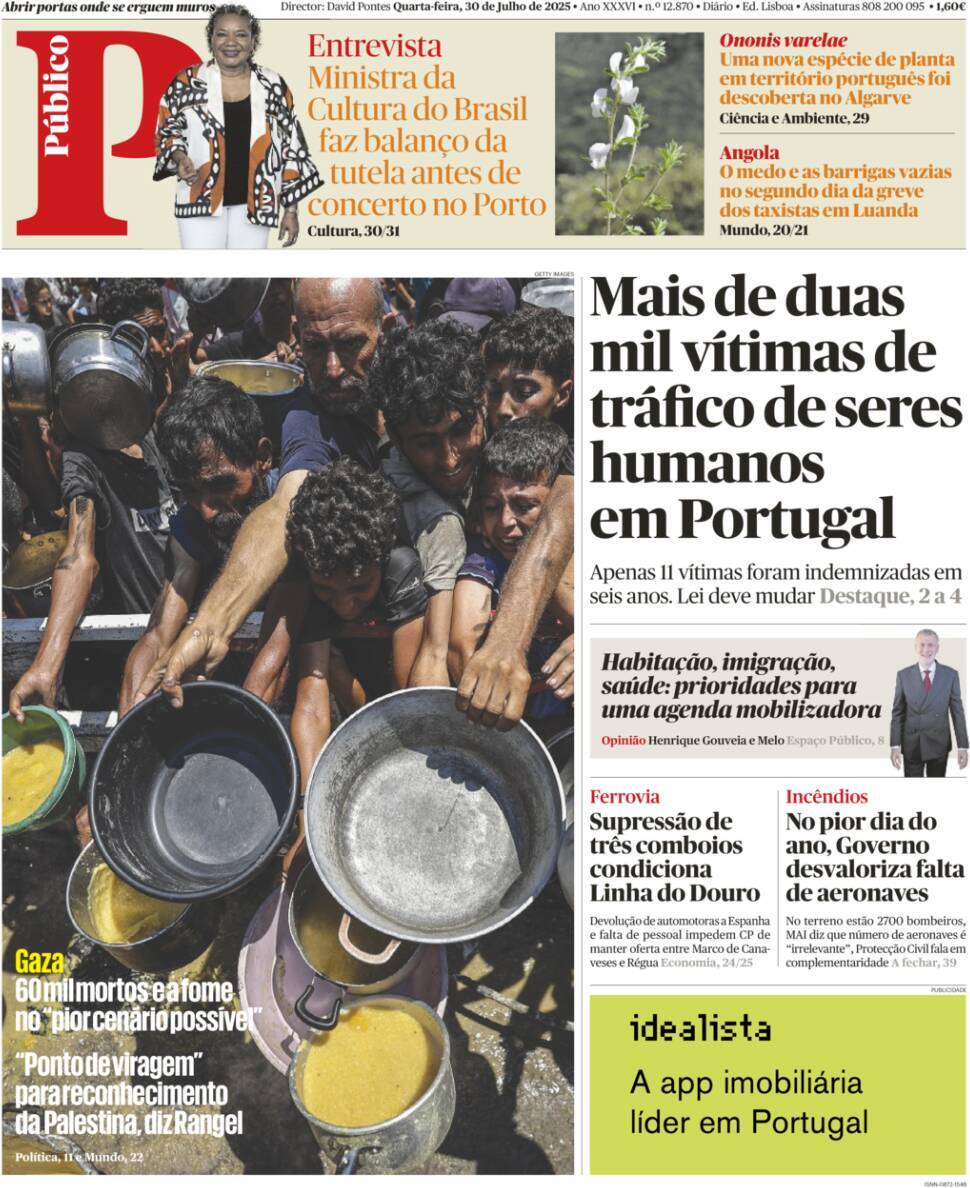 P&uacute;blico: Capa da Edi&ccedil;&atilde;o de quarta-feira, 30 de julho 2025