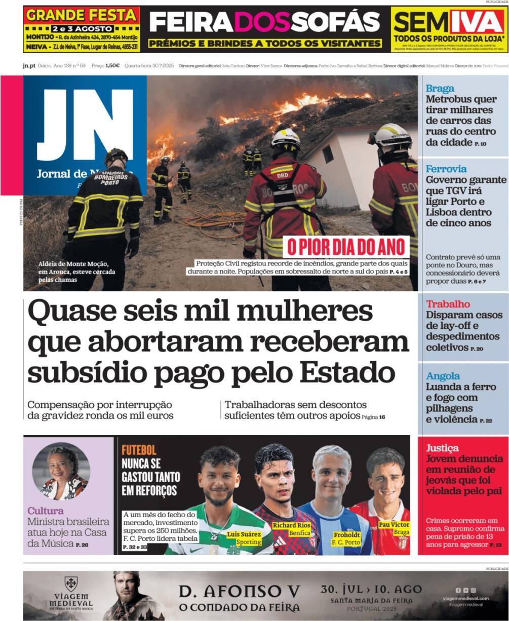 Jornal de Not&iacute;cias: Capa da Edi&ccedil;&atilde;o de quarta-feira, 30 de julho 2025