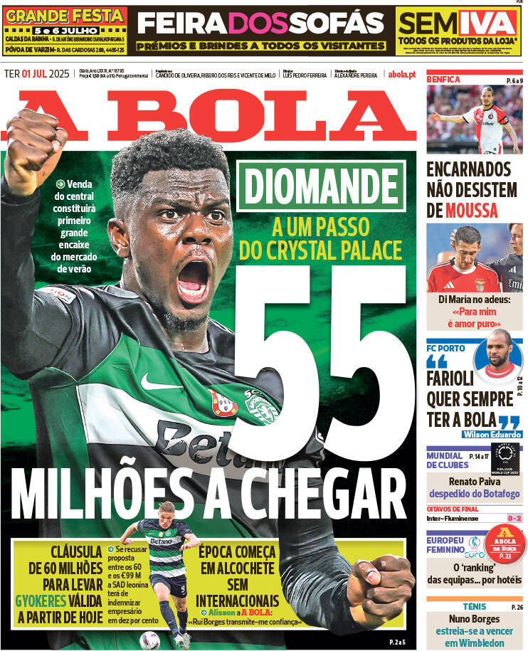 A Bola: Capa da Edi&ccedil;&atilde;o de ter&ccedil;a-feira, 01 de julho 2025