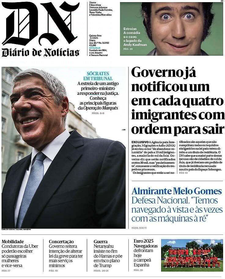 Di&aacute;rio de Not&iacute;cias: Capa da Edi&ccedil;&atilde;o de quinta-feira, 03 de julho 2025