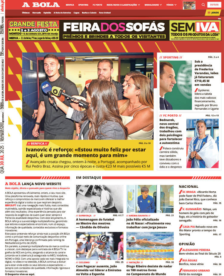 A Bola: Capa da Edi&ccedil;&atilde;o de quarta-feira, 30 de julho 2025