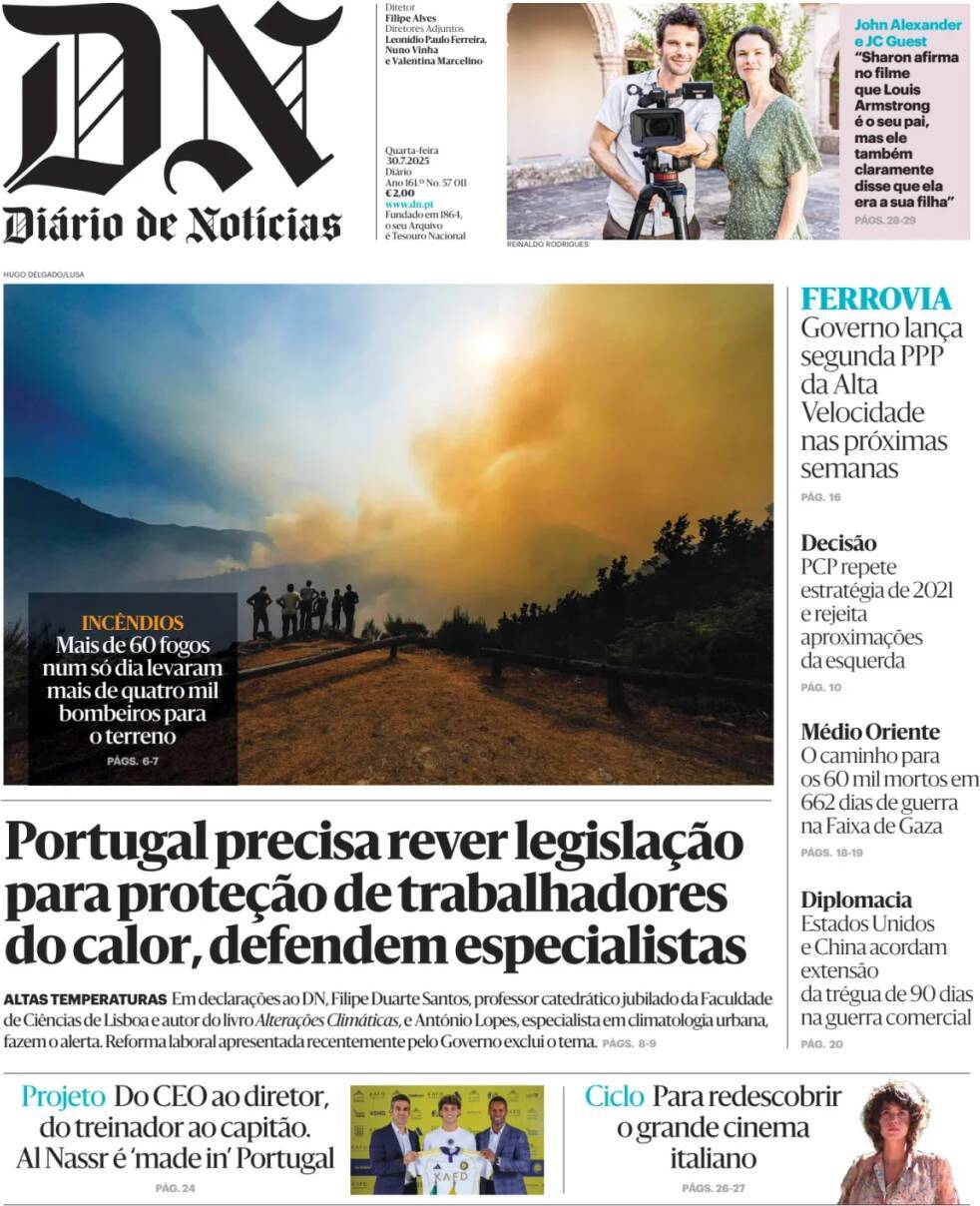 Di&aacute;rio de Not&iacute;cias: Capa da Edi&ccedil;&atilde;o de quarta-feira, 30 de julho 2025