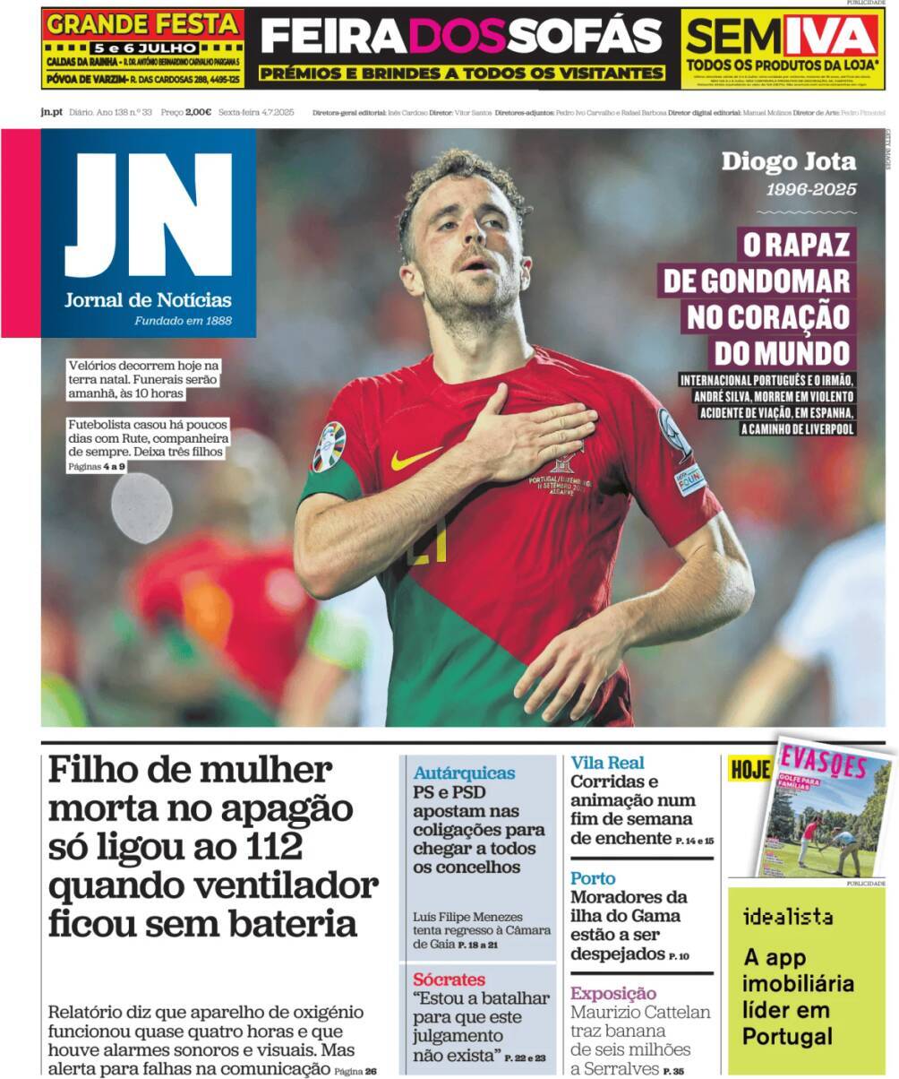 Jornal de Not&iacute;cias: Capa da Edi&ccedil;&atilde;o de sexta-feira, 04 de julho 2025