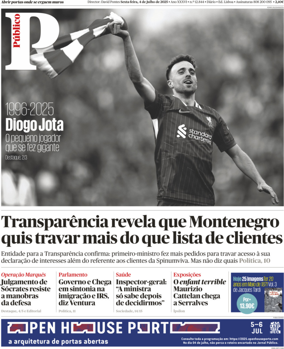 P&uacute;blico: Capa da Edi&ccedil;&atilde;o de sexta-feira, 04 de julho 2025